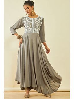 Soch - Women's Grey Viscose Embroidered Dress with Thread Work