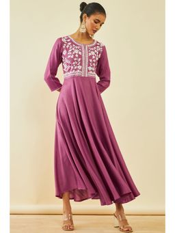 Soch - Women's Onion Pink Viscose Embroidered Dress with Thread Work
