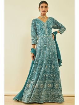 Soch - Women's Teal Georgette Embroidered Anarkali Suit with Sequins (Set of 3)