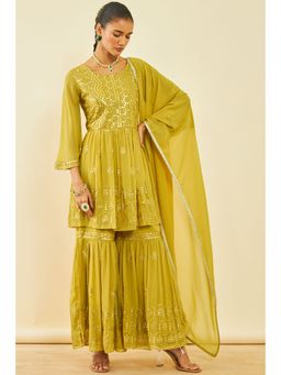 Soch - Women's Mustard Georgette Embroidered Salwar Suit with Faux Mirror (Set of 3)