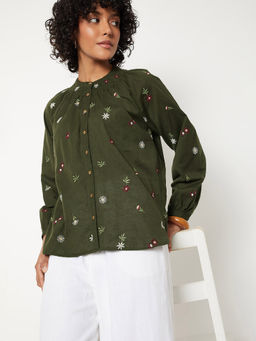 max - Green Embroidered Pure Cotton Regular Fit Top