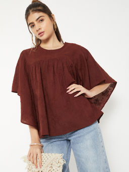 max - Brown Embroidered Pure Cotton Regular Fit Top