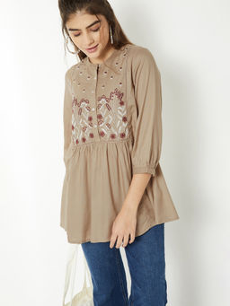 max - Beige Embroidered Pure Cotton Regular Fit Tunic
