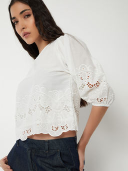 max - Off White Self Design Cotton Blend Regular Fit Top