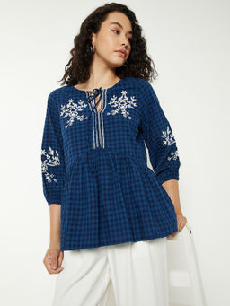 max - Blue Embroidered Cotton Blend Regular Fit Tunic