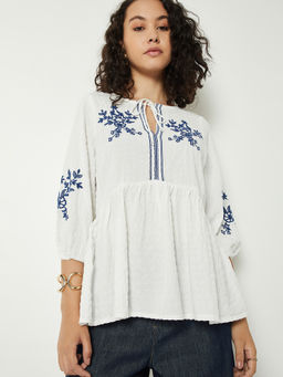 max - Ivory Embroidered Cotton Blend Regular Fit Tunic