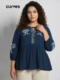 max - Blue Embroidered Cotton Blend Regular Fit Tunic