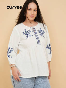 max - Ivory Embroidered Cotton Blend Regular Fit Tunic