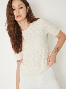 max - Beige Self Design Cotton Blend Regular Fit Top