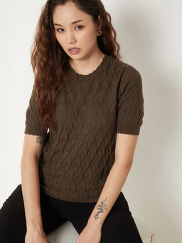 max - Brown Self Design Cotton Blend Regular Fit Top