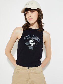 max - Black Printed Cotton Blend Regular Fit Tank Top
