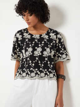 max - Black Embroidered Pure Cotton Regular Fit Top