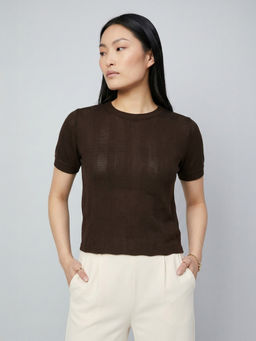 max - Brown Stripes Polyester Blend Regular Fit Top