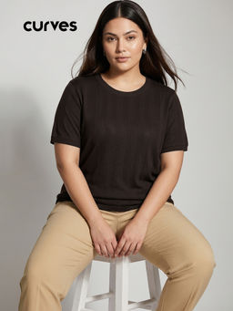 max - Brown Stripes Polyester Blend Regular Fit Top