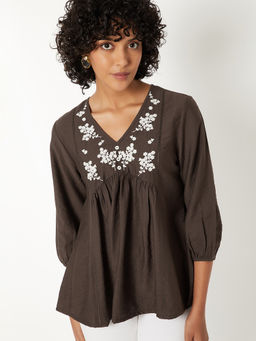 max - Brown Embroidered Pure Cotton Regular Fit Tunic