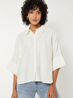 max - Off White Solid Polyester Blend Regular Fit Shirt