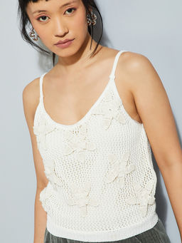 max - Off White Self Design Cotton Blend Regular Fit Top