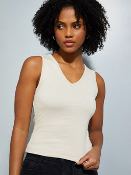 max - Beige Solid Pure Cotton Regular Fit Tank Top