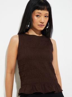 max - Brown Self Design Cotton Blend Regular Fit Top