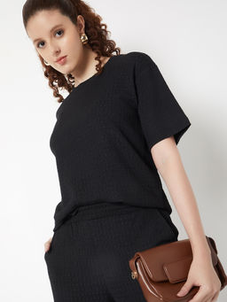max - Black Self Design Pure Cotton Regular Fit Top
