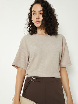 max - Beige Self Design Pure Cotton Regular Fit Top