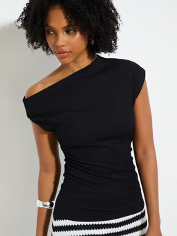max - Black Self Design Polyester Blend Regular Fit Top