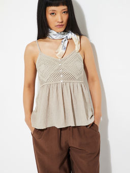 max - Beige Self Design Cotton Blend Regular Fit Top