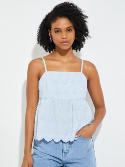 max - Blue Embroidered Cotton Blend Regular Fit Top
