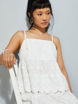 max - Off White Embroidered Cotton Blend Regular Fit Top