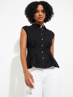 max - Black Solid Viscose Blend Regular Fit Top