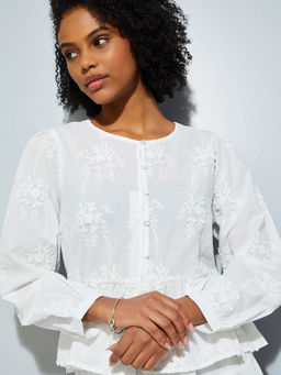 max - Off White Embroidered Cotton Blend Regular Fit Top