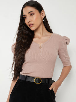 max - Pink Solid Cotton Blend Regular Fit Top