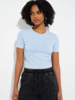 max - Blue Solid Cotton Blend Regular Fit Top