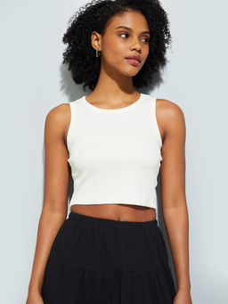 max - Off White Solid Cotton Blend Regular Fit Tank Top