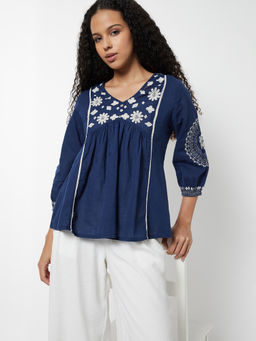 max - Blue Embroidered Pure Cotton Regular Fit Tunic