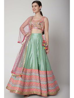 AVNNI KAPUR - Multi-Color Mirror Work Choli with Banarsi Woven Lehenga and Dupatta (Set of 3)