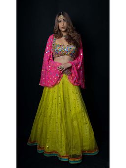 AVNNI KAPUR - Green Net Mukaish Lehenga with Georgette Mirror Work Choli (Set of 2)