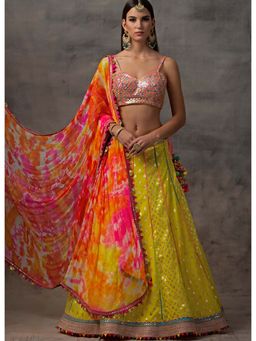 AVNNI KAPUR - Yellow Lehenga with Rainbow Mirror Work Choli with Tie and Dye Dupatta (Set of 3)