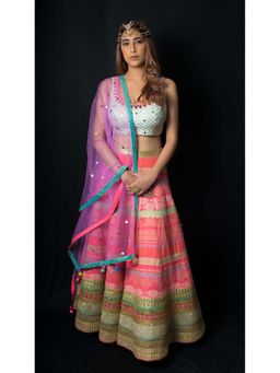 AVNNI KAPUR - Multi-Coloured Woven Lehenga with Mirror Work Choli and Dupatta (Set of 3)