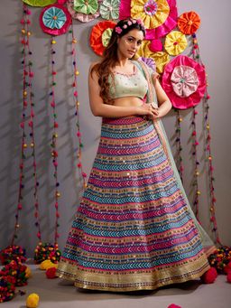 AVNNI KAPUR - Multi-Color Embroidered Lehenga with Mirror Work Choli and Dupatta (Set of 3)
