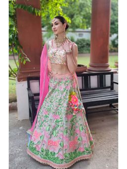 AVNNI KAPUR - Pink Thread Embroidered Lehenga with Mirror Work Choli and Dupatta (Set of 3)