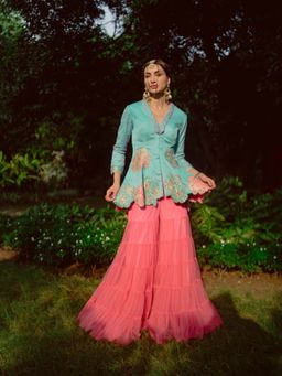 AVNNI KAPUR - Blue Modal Satin Kurti with Flower Embroidery and Sharara (Set of 2)