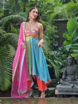 AVNNI KAPUR - Multi-Color Silk Chander Anarkali Kurta with Pant and Dupatta (Set of 3)