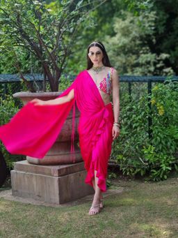 AVNNI KAPUR - Modal Satin Pre-Drape Saree with Sequience Work Stitched Blouse