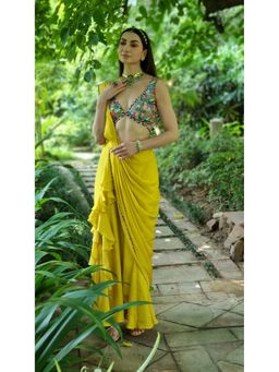 AVNNI KAPUR - Satin Chiffon Pre-Draped Saree with Printed Stitched Blouse