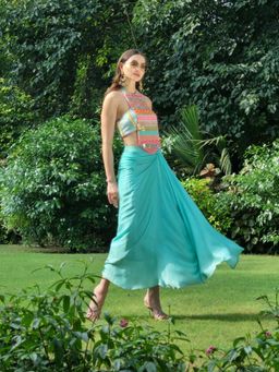 AVNNI KAPUR - Modal Satin Pre-Draped Skirt with Embroidery Choli (Set of 2)