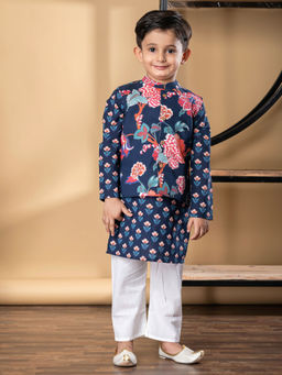 Readiprint - Boys Cotton Fabric Navy Blue Color Kurta & Pyjama With Nehru Jacket (Set of 3)