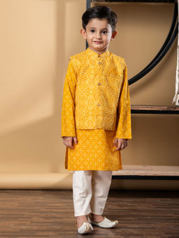 Readiprint - Boys Cotton Fabric Mustard Color Kurta & Pyjama With Nehru Jacket (Set of 3)