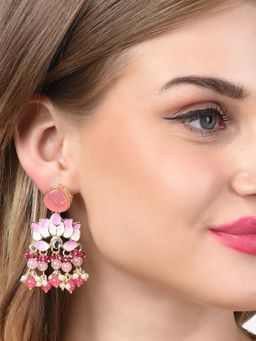Zaveri Pearls - Pink Meenakari Lotus Design Cluster Beads Drop Earring-ZPFK14716