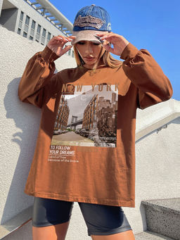 CHKOKKO - Women Oversized Round Neck Graphic Printed Brown Full Sleeves T-Shirt